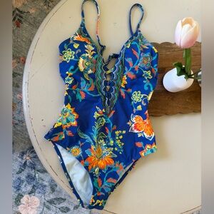 Cupshe Blue Floral Swimsuit with Orange and Green Accents